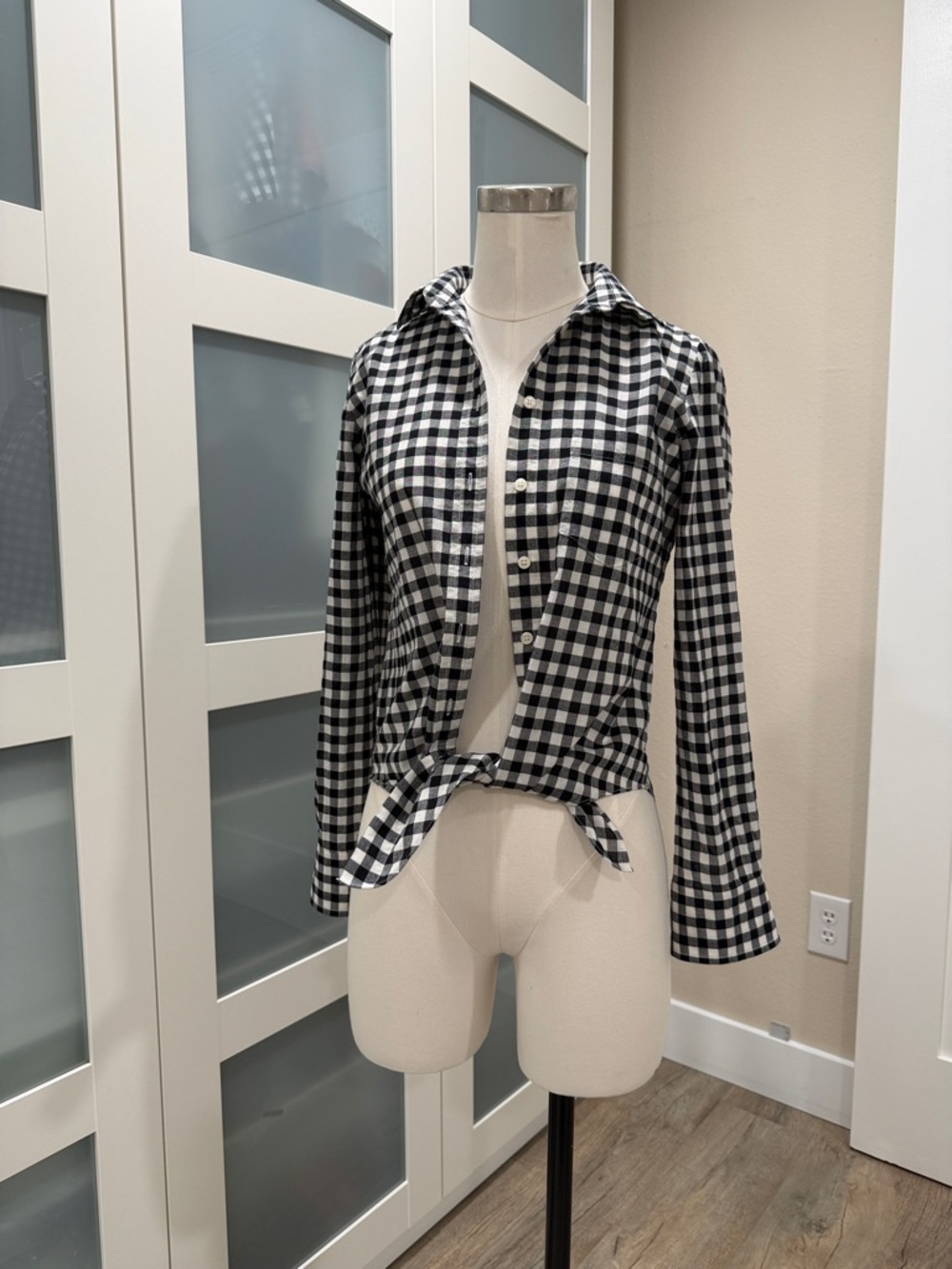 J. Crew Factory Black & White Gingham Tie-Front Button-Down Shirt